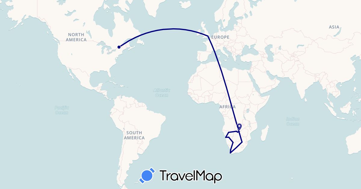 TravelMap itinerary: driving in Botswana, Canada, United Kingdom, Namibia, South Africa, Zimbabwe (Africa, Europe, North America)